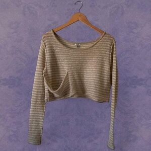 Ecote cream tan cropped stripe pullover pocket sweater ASO Violet Harmon